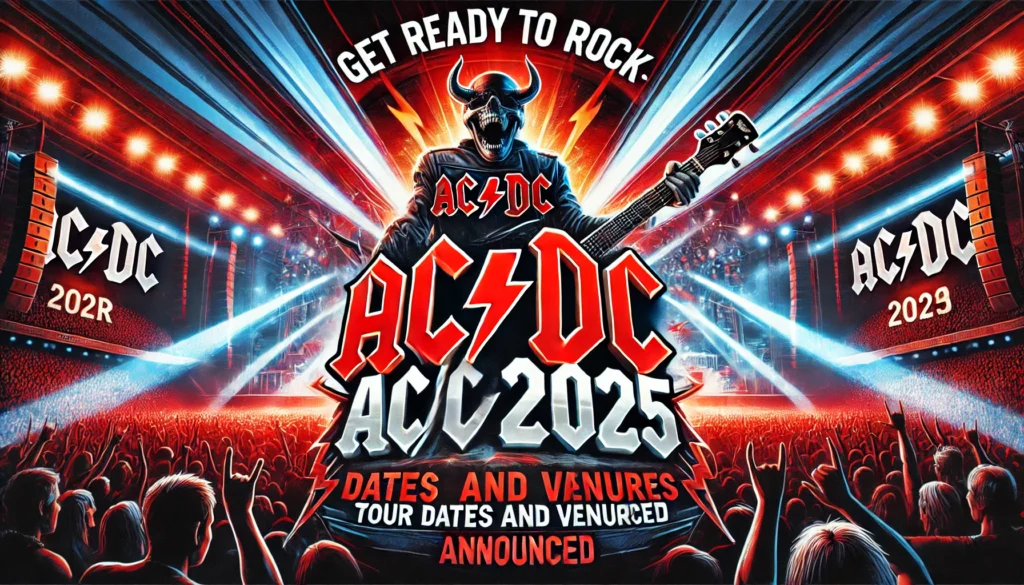 AC/DC 2025 tour banner with the band's logo and text 'Get Ready to Rock: AC/DC 2025 Tour Dates and Venues Announced,' featuring a live concert scene with a crowd and stage lights.